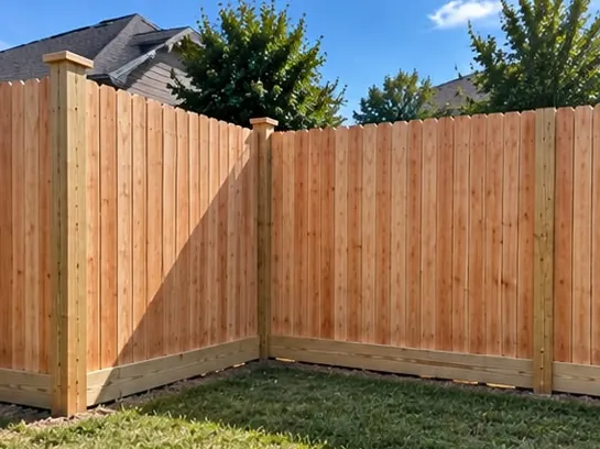 Corner section of cedar privacy fence with rot board